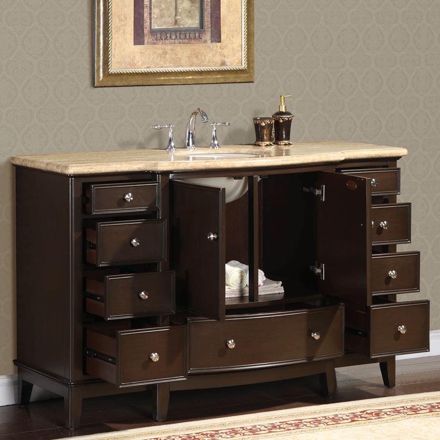 60" Single Sink Cabinet - Travertine Top, Under Mount, White Ceramic Sink (3 holes)