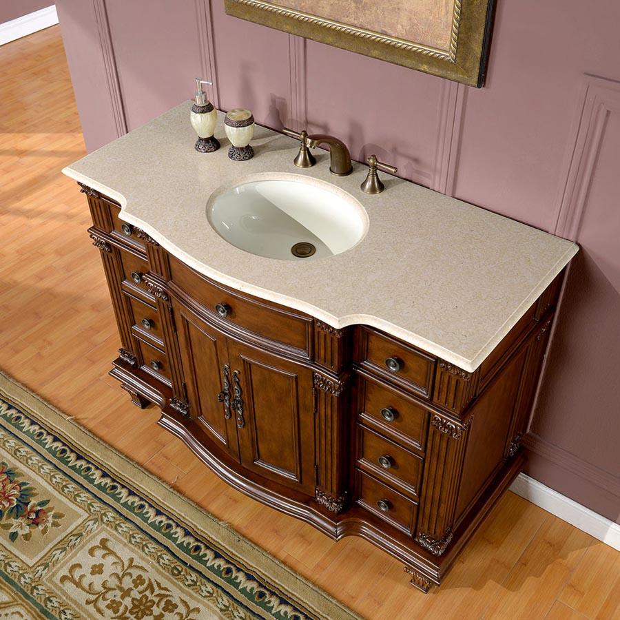 48" Single Sink Cabinet - Crema Marfil Top, Undermount White Ceramic Sinks (3-hole)