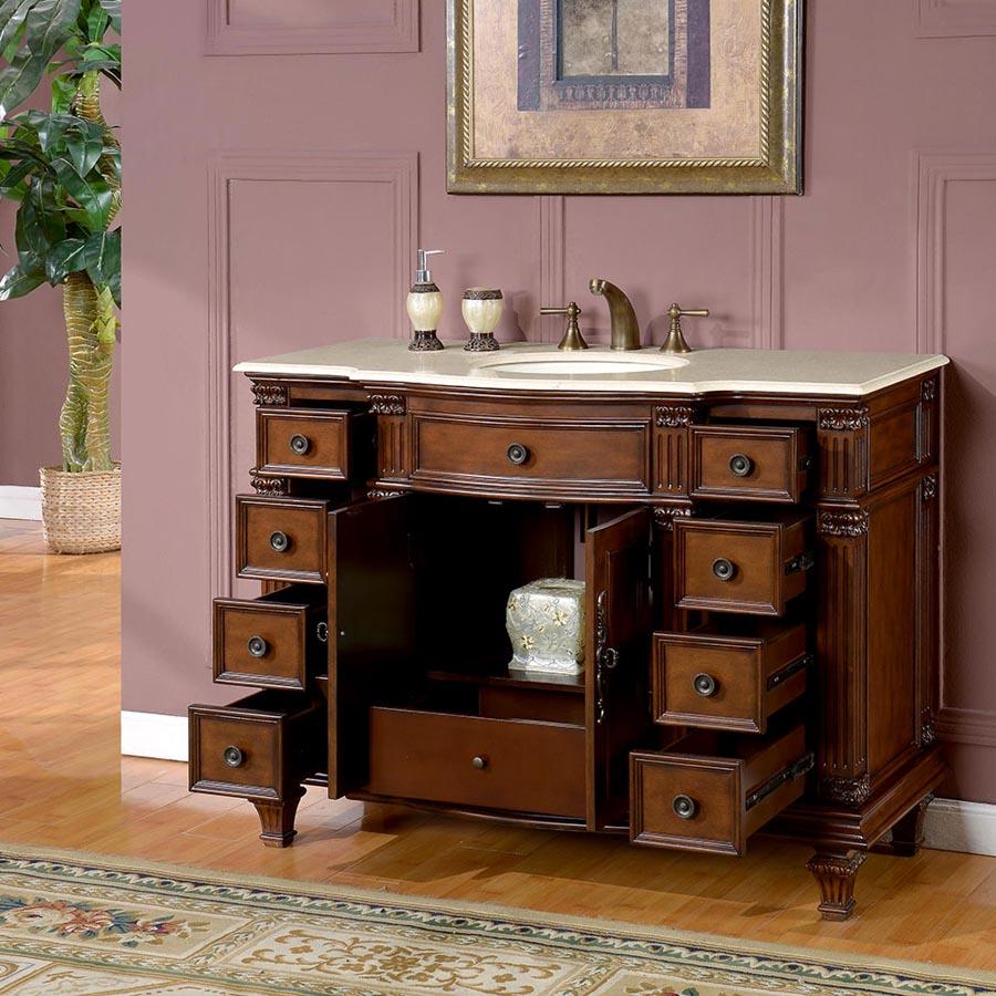 48" Single Sink Cabinet - Crema Marfil Top, Undermount White Ceramic Sinks (3-hole)
