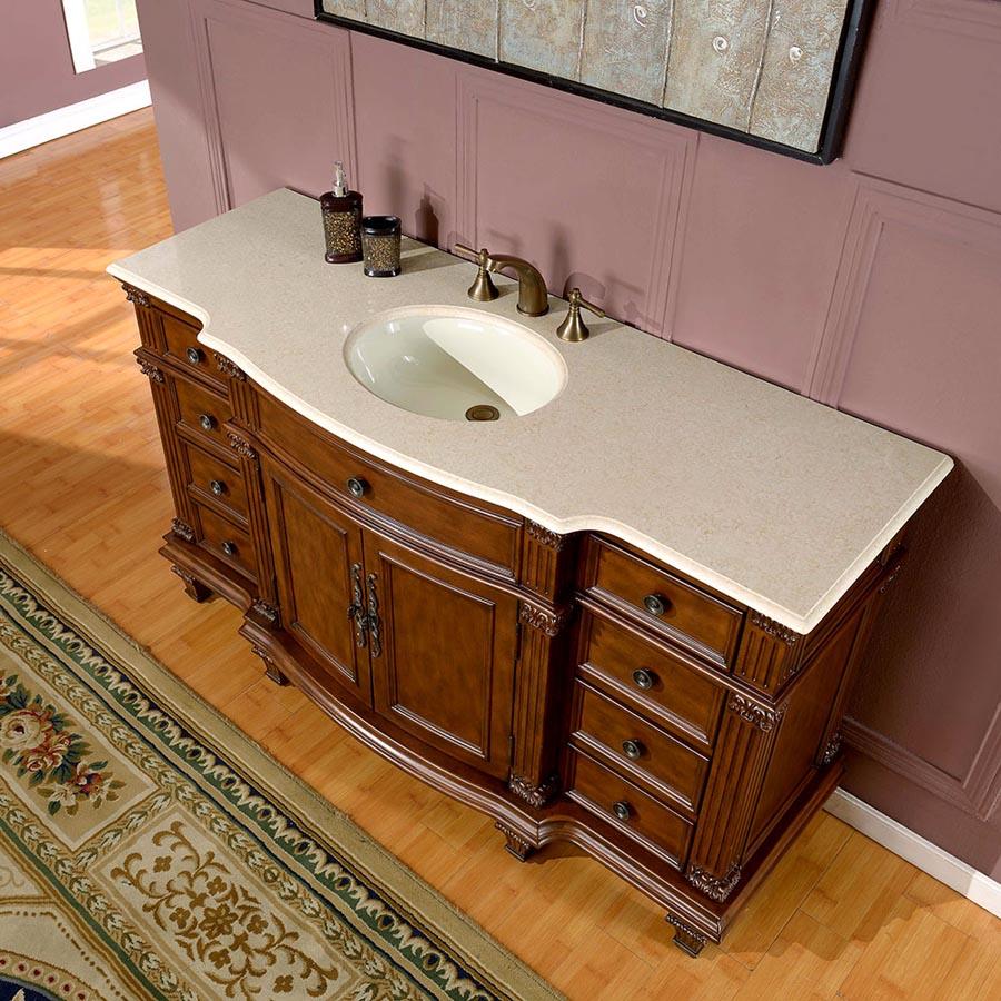 60" Single Sink Cabinet - Crema Marfil Top, Undermount White Ceramic Sinks (3-hole)