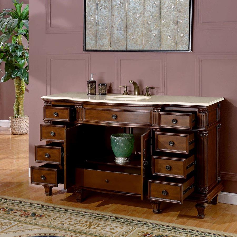 60" Single Sink Cabinet - Crema Marfil Top, Undermount White Ceramic Sinks (3-hole)