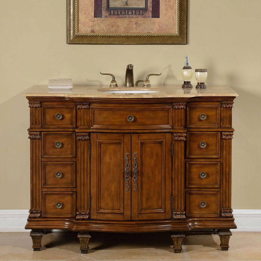 48" Single Sink Cabinet - Travertine Top, Undermount White Ceramic Sinks (3-hole)