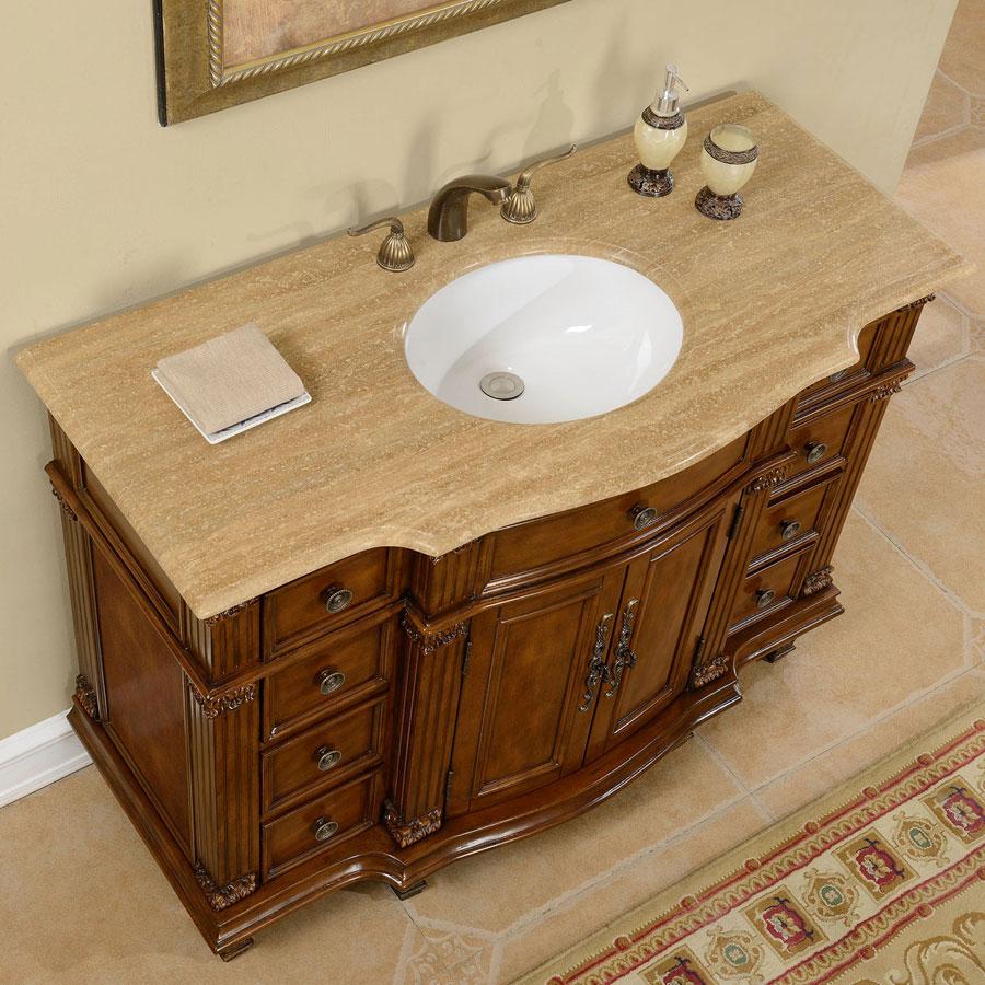 48" Single Sink Cabinet - Travertine Top, Undermount White Ceramic Sinks (3-hole)