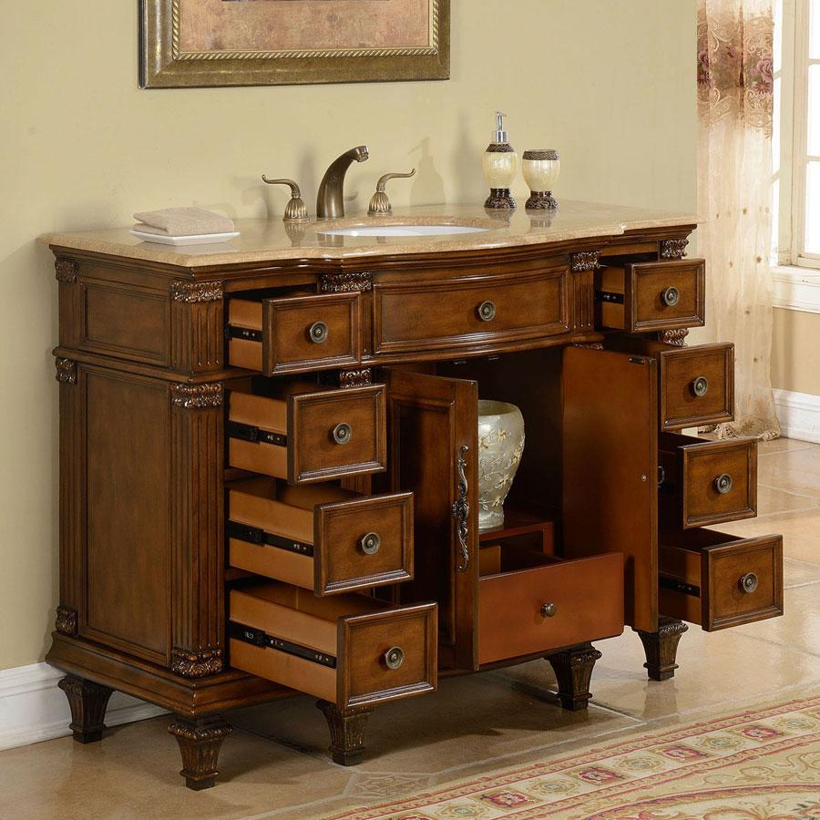48" Single Sink Cabinet - Travertine Top, Undermount White Ceramic Sinks (3-hole)