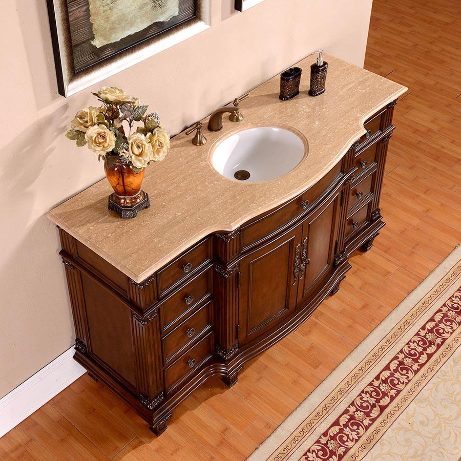 60" Single Sink Cabinet - Travertine Top, Undermount White Ceramic Sinks (3-hole)