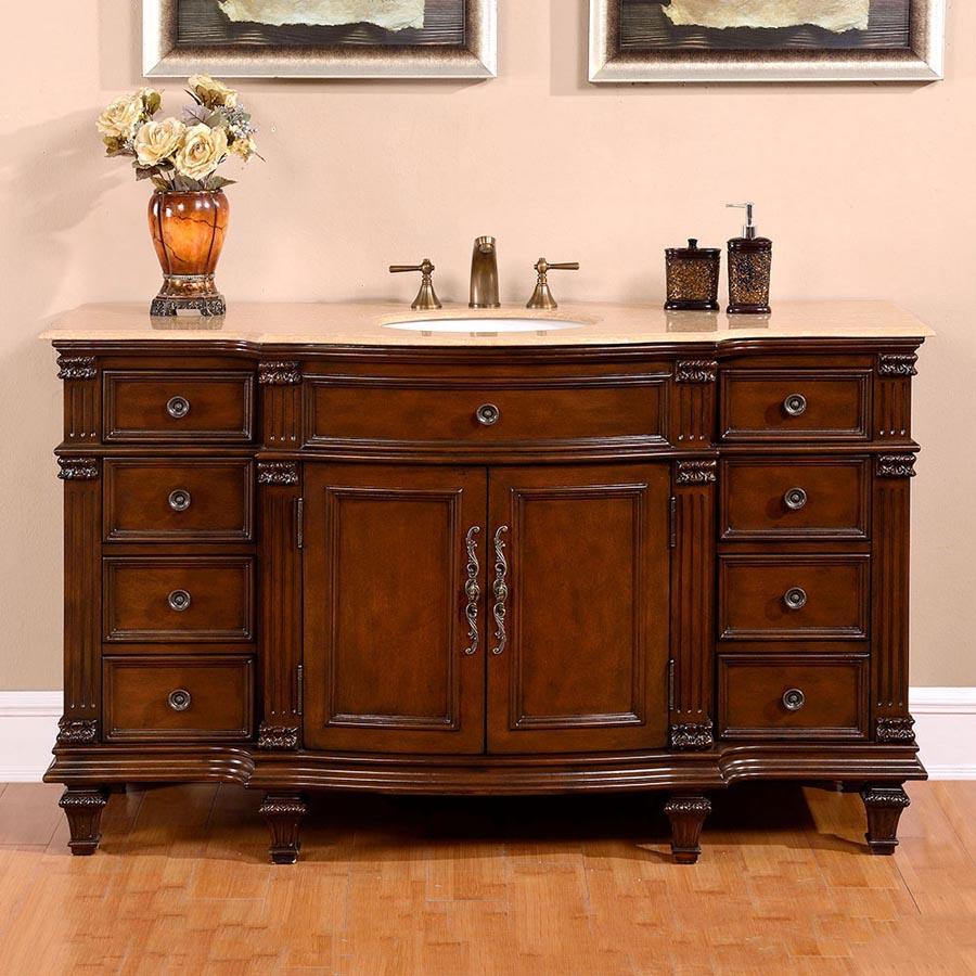 60" Single Sink Cabinet - Travertine Top, Undermount White Ceramic Sinks (3-hole)