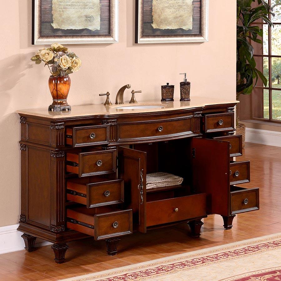 60" Single Sink Cabinet - Travertine Top, Undermount White Ceramic Sinks (3-hole)