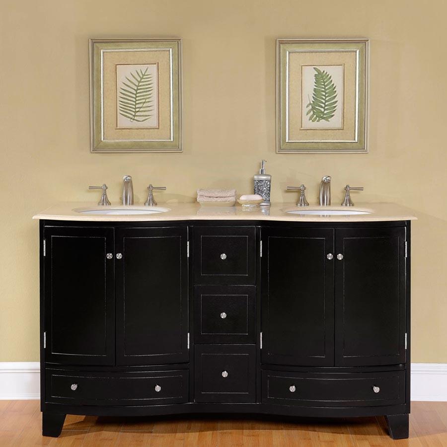 60" Double Sink Cabinet - Cream Marfill Marble Top, Under Mount, White Ceramic Sink (3 holes)