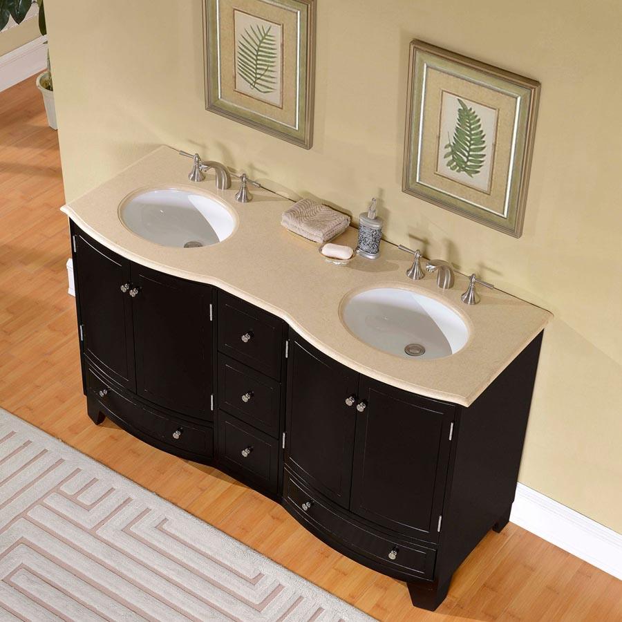 60" Double Sink Cabinet - Cream Marfill Marble Top, Under Mount, White Ceramic Sink (3 holes)