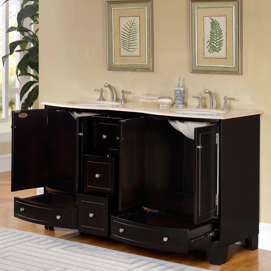 60" Double Sink Cabinet - Cream Marfill Marble Top, Under Mount, White Ceramic Sink (3 holes)