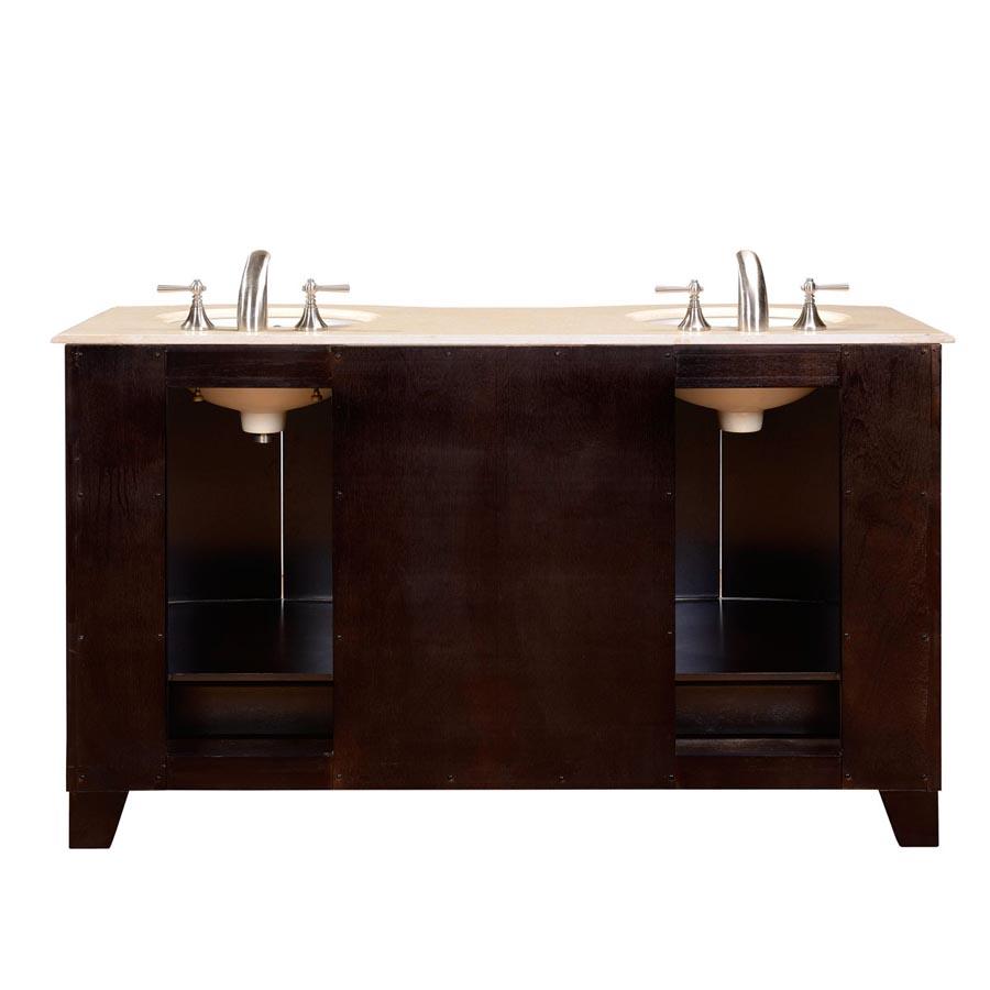 60" Double Sink Cabinet - Cream Marfill Marble Top, Under Mount, White Ceramic Sink (3 holes)