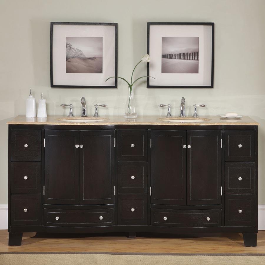 72" Double Sink Cabinet - Travertine Top, Undermount Ivory Ceramic Sinks (3-hole)