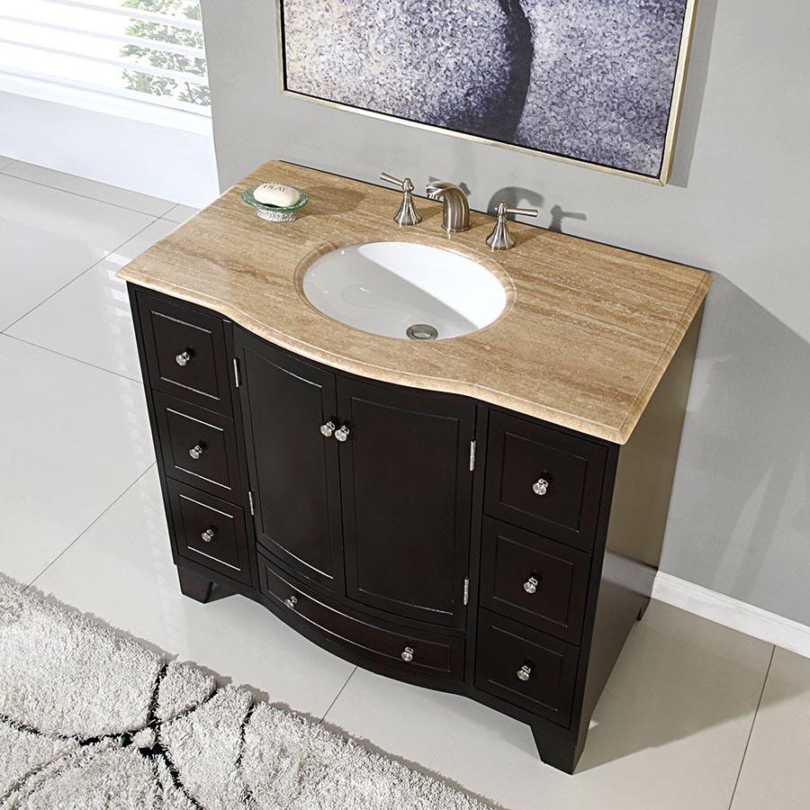 40" Single Sink Cabinet - Travertine Top, Under Mount, White Ceramic Sink (3 holes)