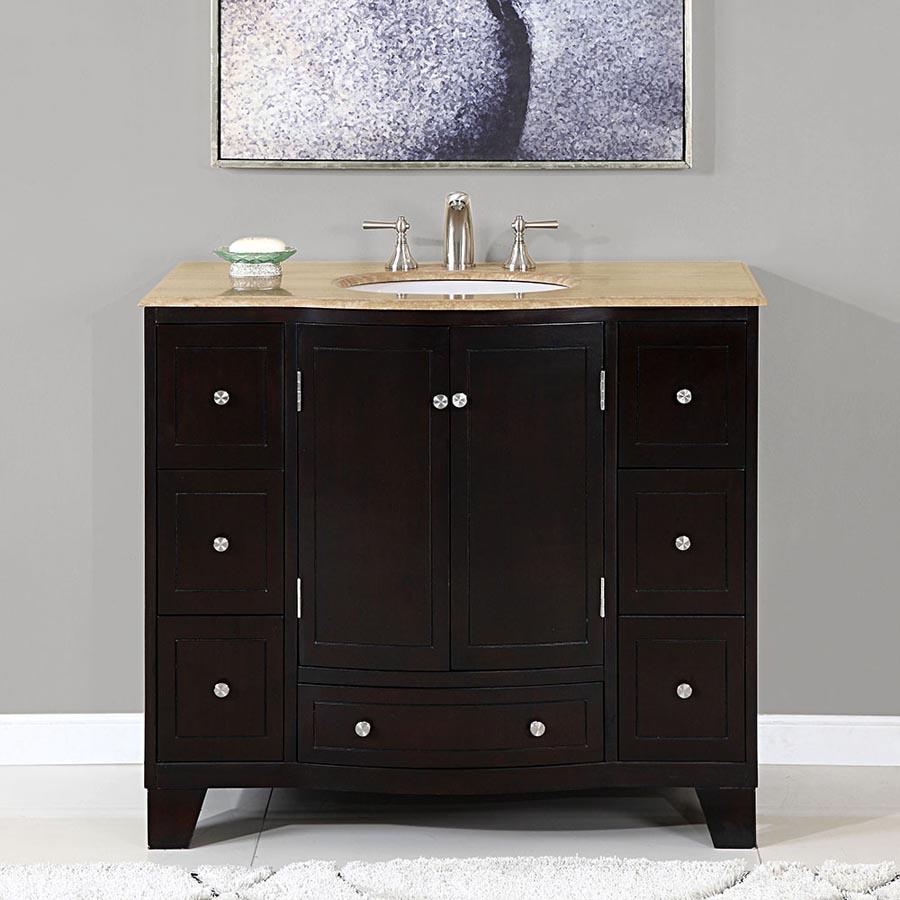 40" Single Sink Cabinet - Travertine Top, Under Mount, White Ceramic Sink (3 holes)