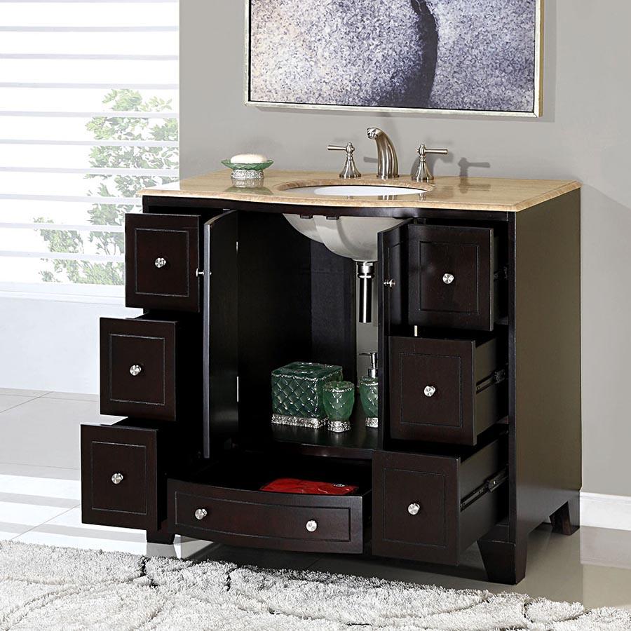 40" Single Sink Cabinet - Travertine Top, Under Mount, White Ceramic Sink (3 holes)