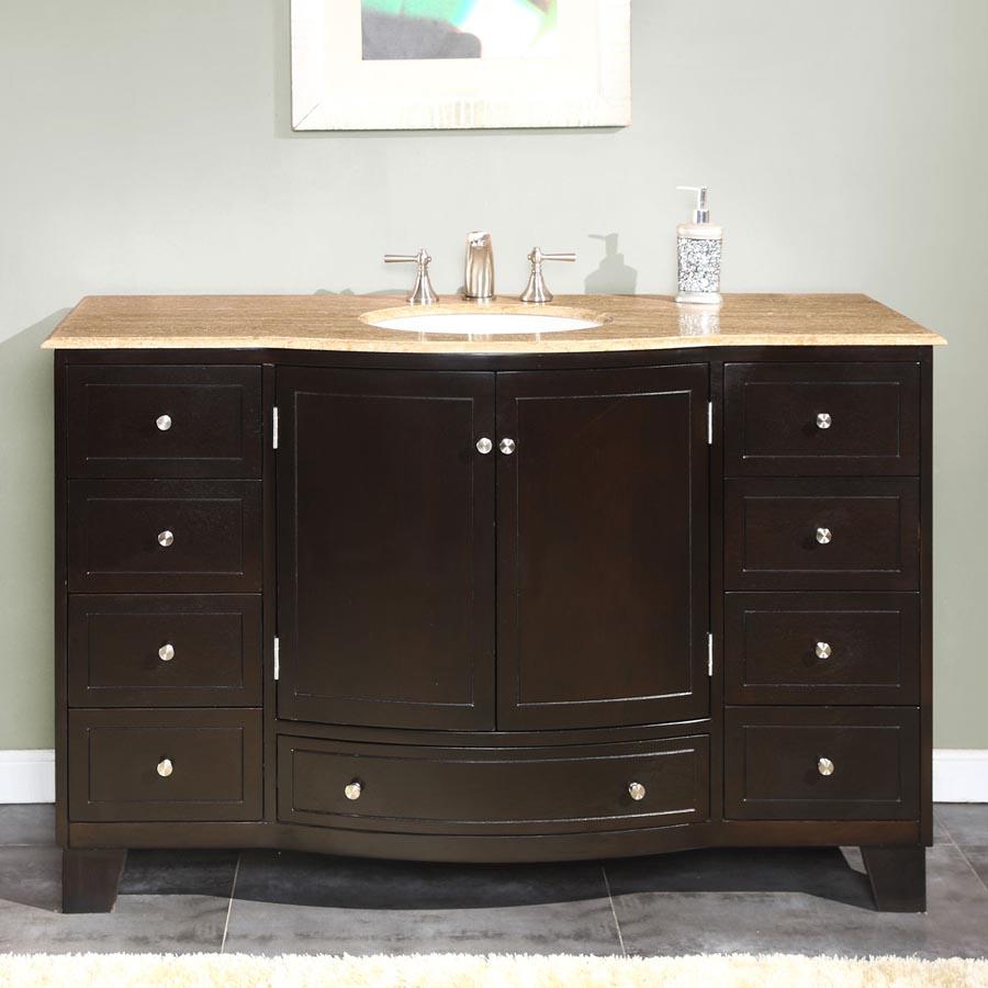 55" Single Sink Cabinet - Travertine Top, Under Mount, White Ceramic Sink (3 holes)