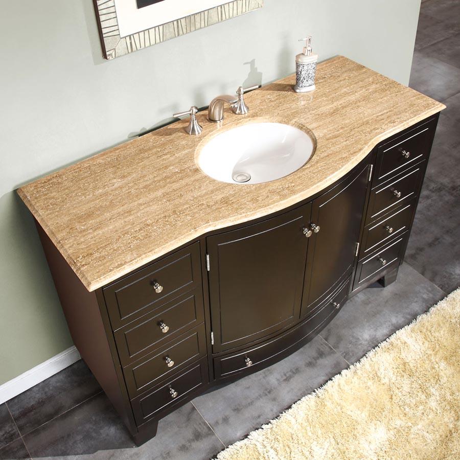 55" Single Sink Cabinet - Travertine Top, Under Mount, White Ceramic Sink (3 holes)