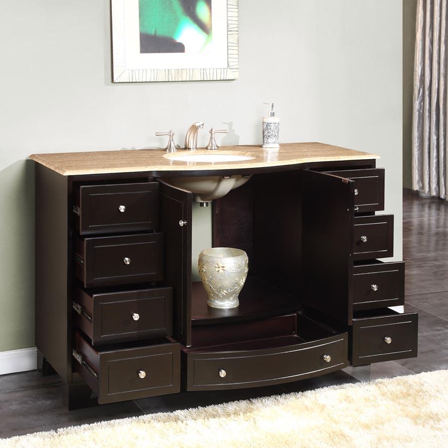 55" Single Sink Cabinet - Travertine Top, Under Mount, White Ceramic Sink (3 holes)