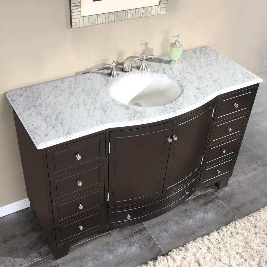 55" Single Sink Cabinet - Carrara White Marble Top, Under Mount, White Ceramic Sink (3 holes)