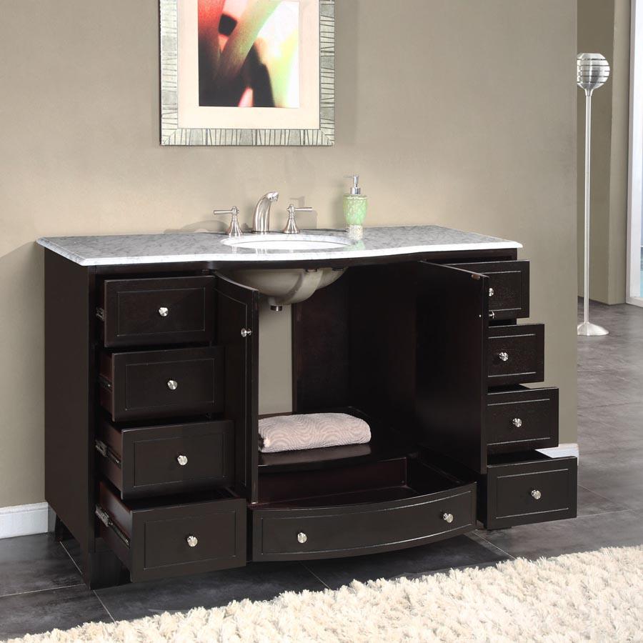55" Single Sink Cabinet - Carrara White Marble Top, Under Mount, White Ceramic Sink (3 holes)