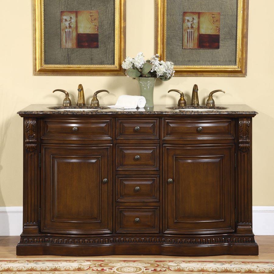 60" Double Sink Cabinet - Baltic Brown Top, Undermount Ivory Ceramic Sinks (3-hole)