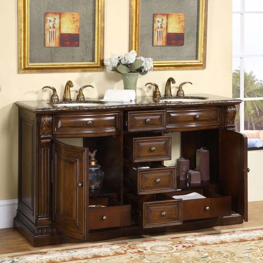 60" Double Sink Cabinet - Baltic Brown Top, Undermount Ivory Ceramic Sinks (3-hole)