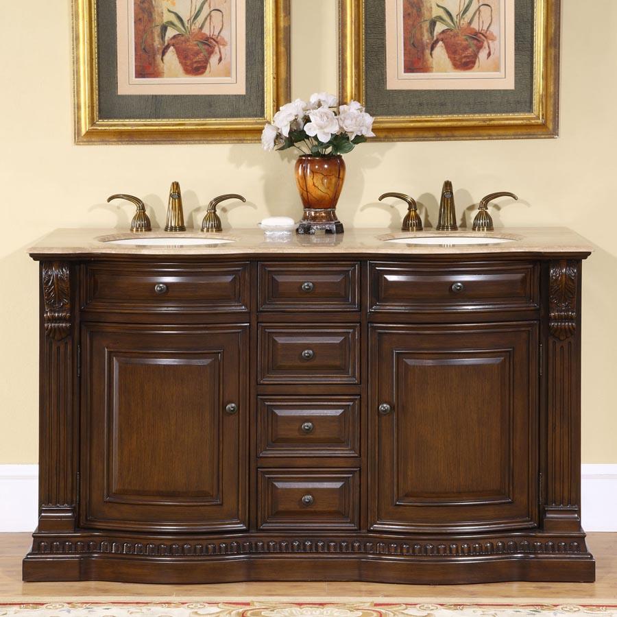 60" Double Sink Cabinet - Travertine Top, Undermount Ivory Ceramic Sinks (3-hole)