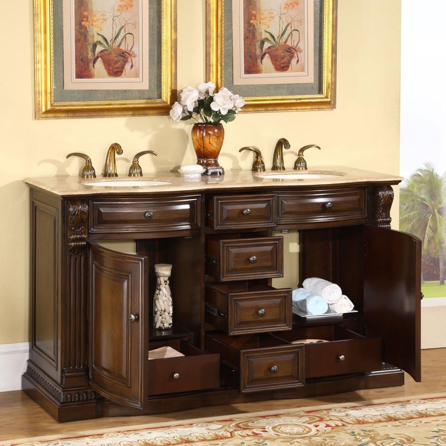 60" Double Sink Cabinet - Travertine Top, Undermount Ivory Ceramic Sinks (3-hole)