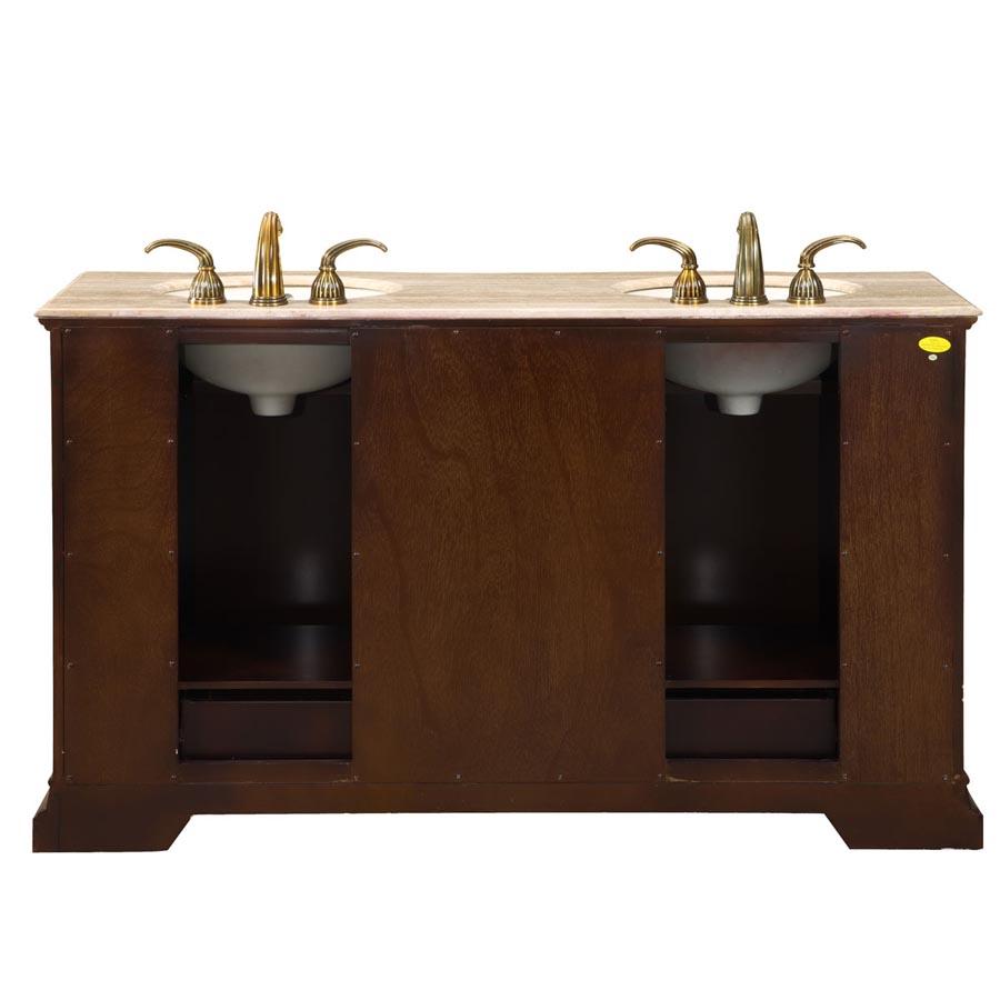 60" Double Sink Cabinet - Travertine Top, Undermount Ivory Ceramic Sinks (3-hole)