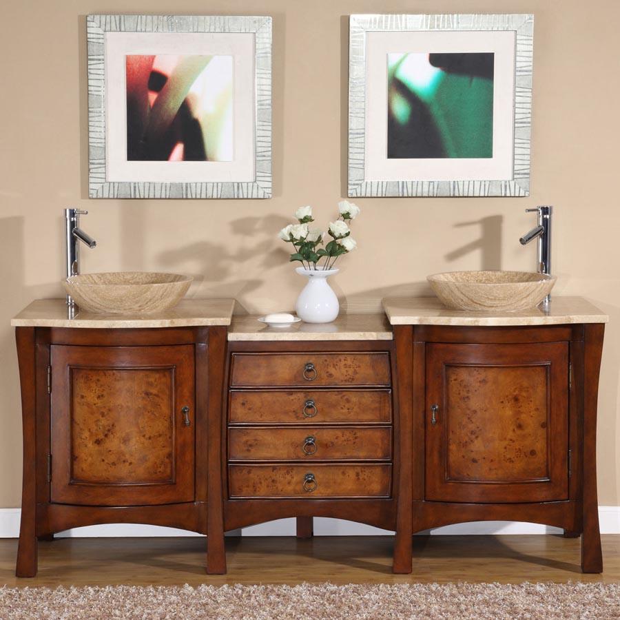 72" Double Sink Cabinet - Travertine Top, Topmount Travertine Sinks (1-hole)