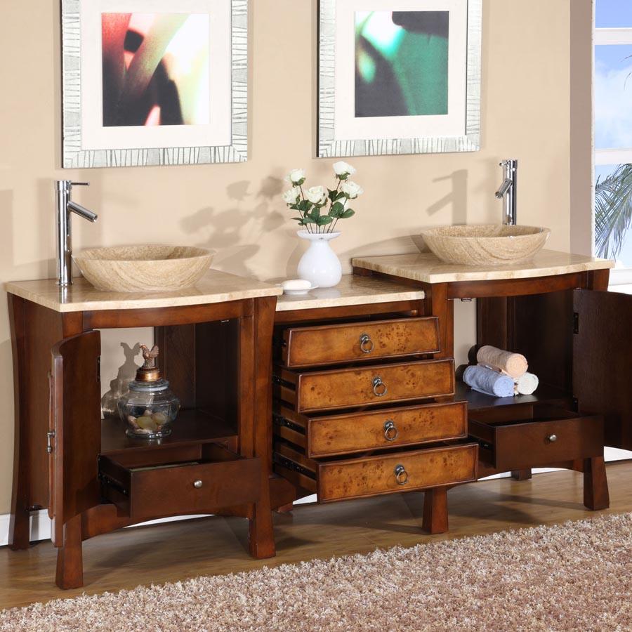 72" Double Sink Cabinet - Travertine Top, Topmount Travertine Sinks (1-hole)