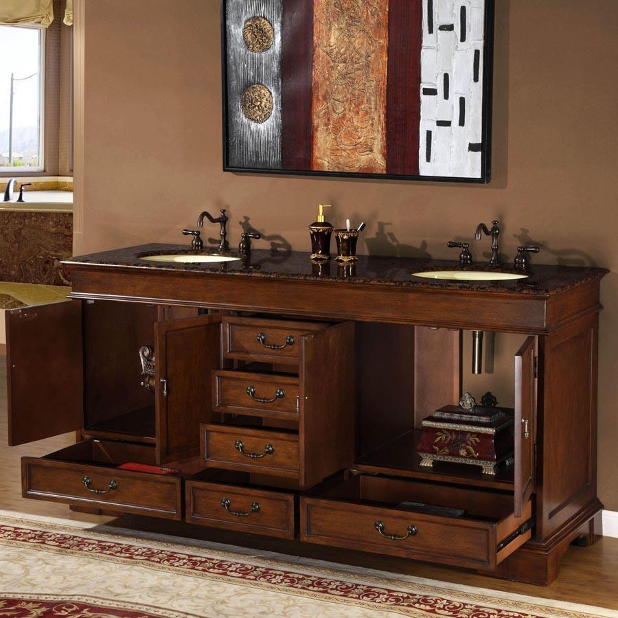 72" Double Sink Cabinet - Baltic Brown Top, Undermount Ivory Ceramic Sinks (3-hole)