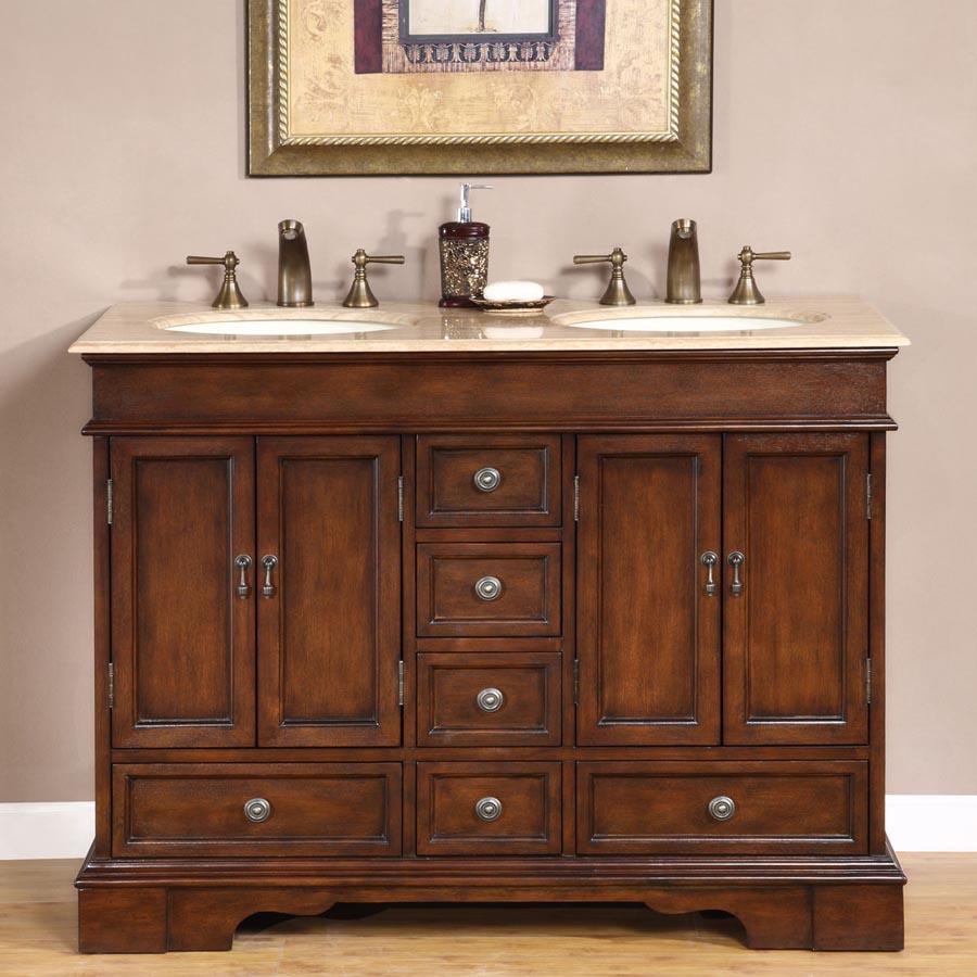 48" Double Sink Cabinet - Travertine Top, Undermount Ivory Ceramic Sinks (3-hole)