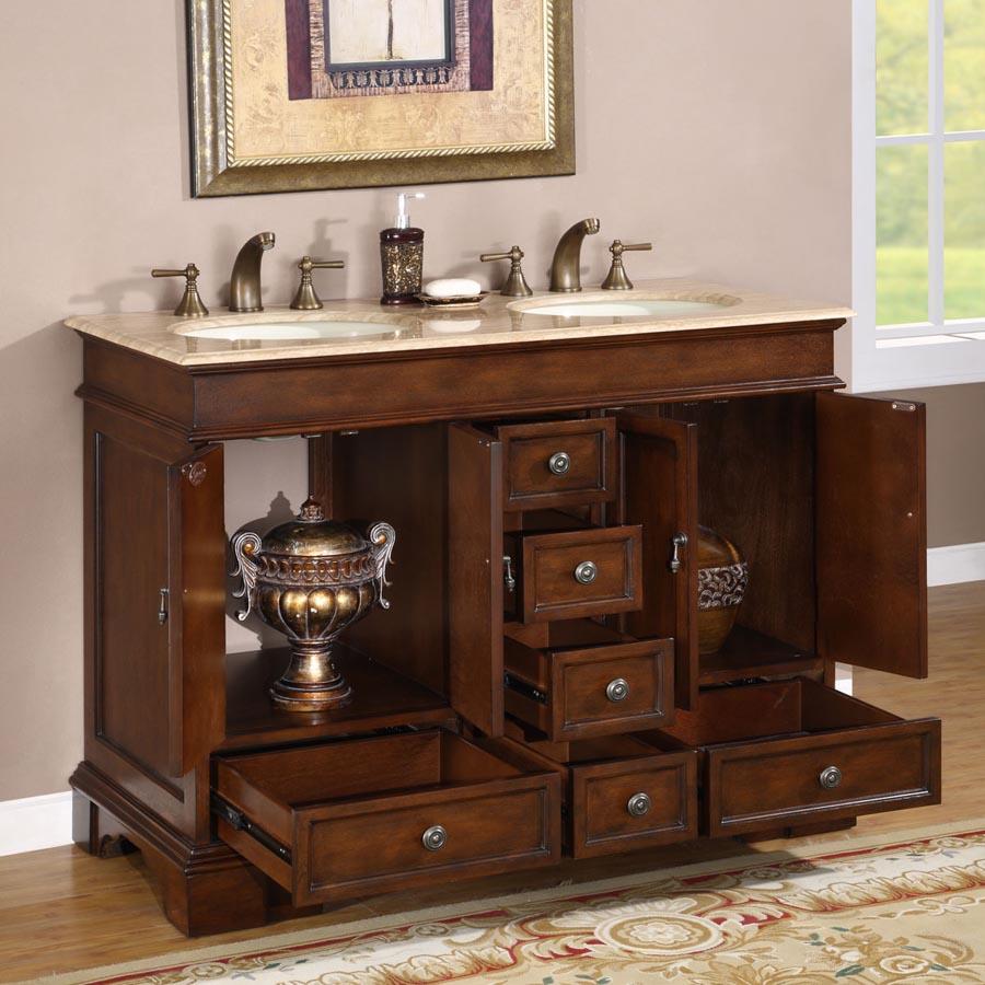 48" Double Sink Cabinet - Travertine Top, Undermount Ivory Ceramic Sinks (3-hole)