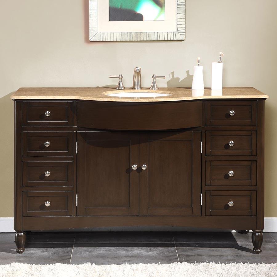 58" Single Sink Cabinet - Travertine Top, Undermount White Ceramic Sink (3-hole)