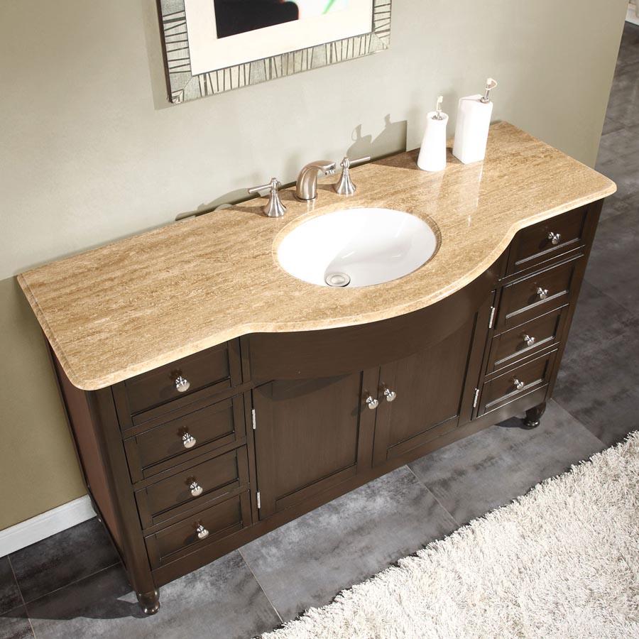 58" Single Sink Cabinet - Travertine Top, Undermount White Ceramic Sink (3-hole)