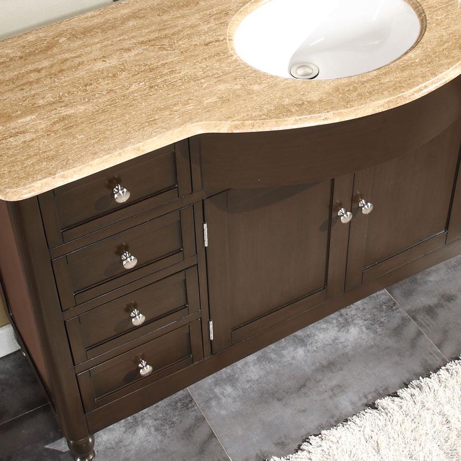 58" Single Sink Cabinet - Travertine Top, Undermount White Ceramic Sink (3-hole)