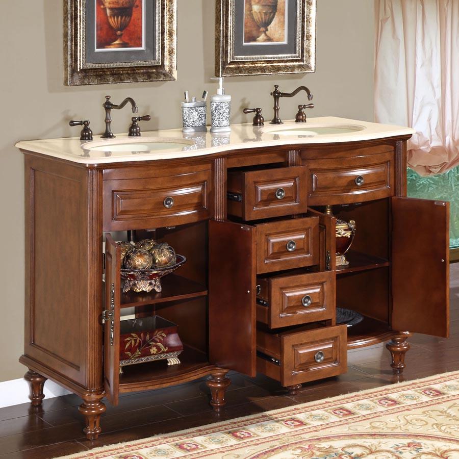 55" Double Sink Cabinet - Crema Marfil Top, Undermount Ivory Ceramic Sinks (3-hole)