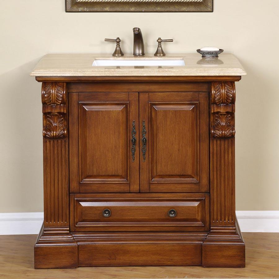 38.75" Single Sink Cabinet - Travertine Top, Undermount White Ceramic Sink (3-hole)