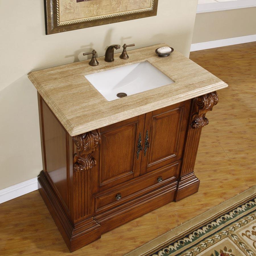 38.75" Single Sink Cabinet - Travertine Top, Undermount White Ceramic Sink (3-hole)