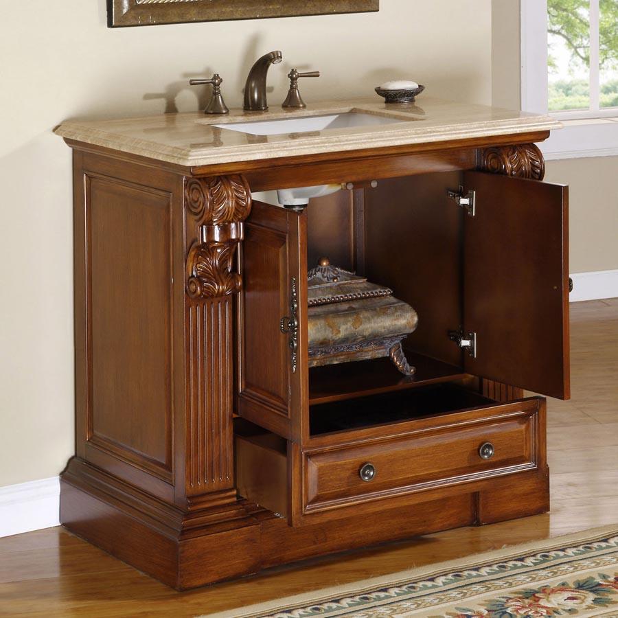 38.75" Single Sink Cabinet - Travertine Top, Undermount White Ceramic Sink (3-hole)