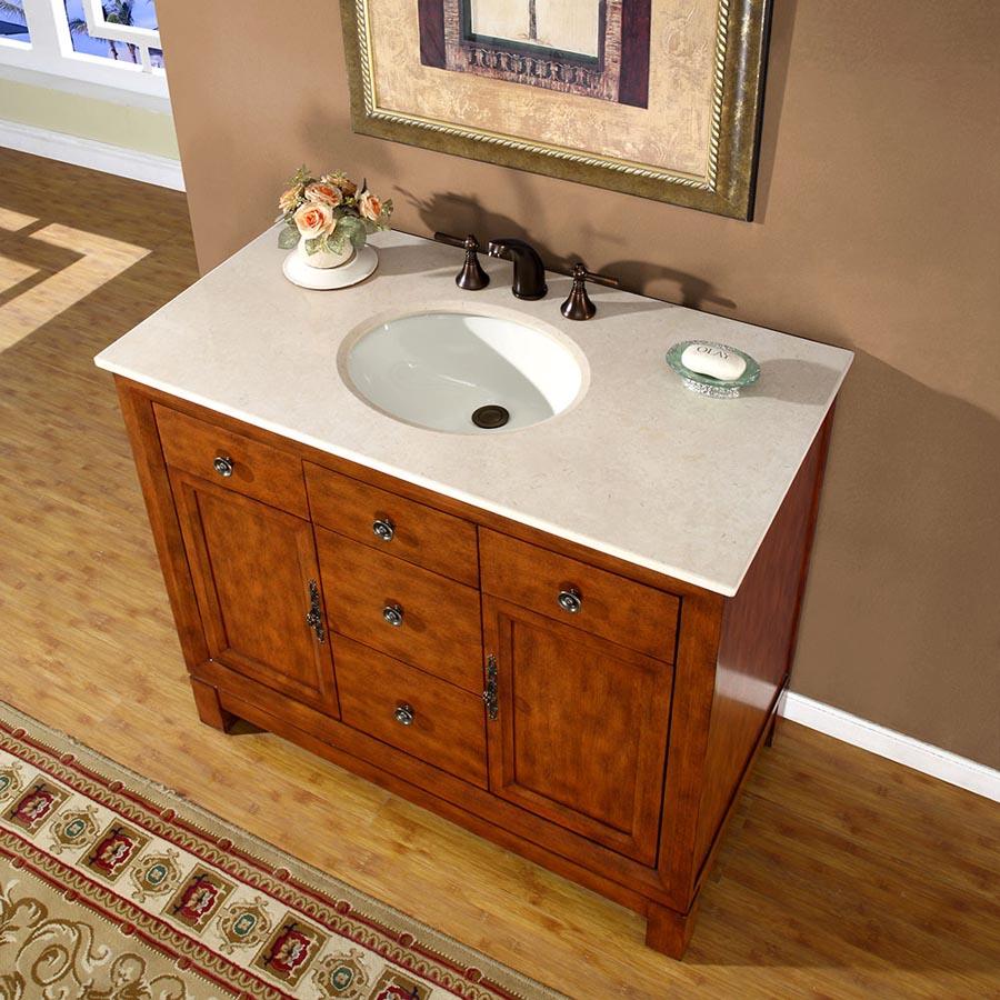 42" Single Sink Cabinet - Crema Marfil Marble Top - Undermount, White Ceramic sink (3-hole)