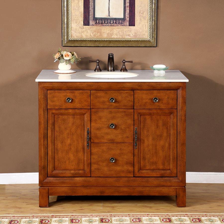 42" Single Sink Cabinet - Crema Marfil Marble Top - Undermount, White Ceramic sink (3-hole)