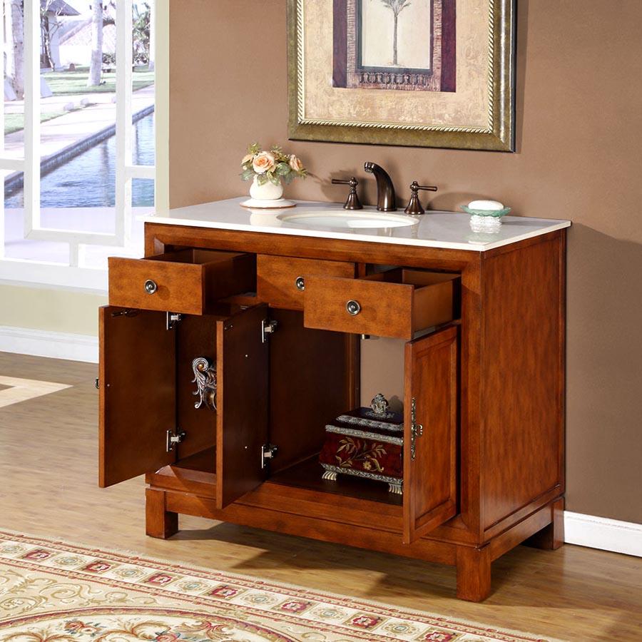 42" Single Sink Cabinet - Crema Marfil Marble Top - Undermount, White Ceramic sink (3-hole)