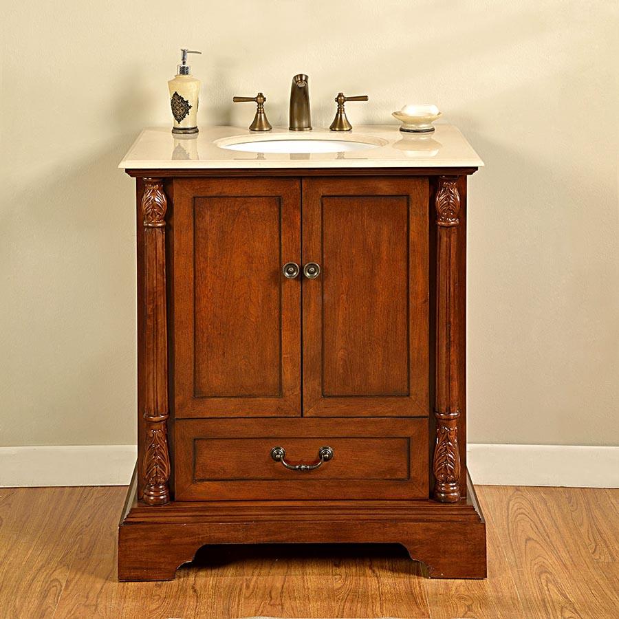 32" Single Sink Cabinet - Crema Marfil Top, Undermount White Ceramic Sink (3-hole)