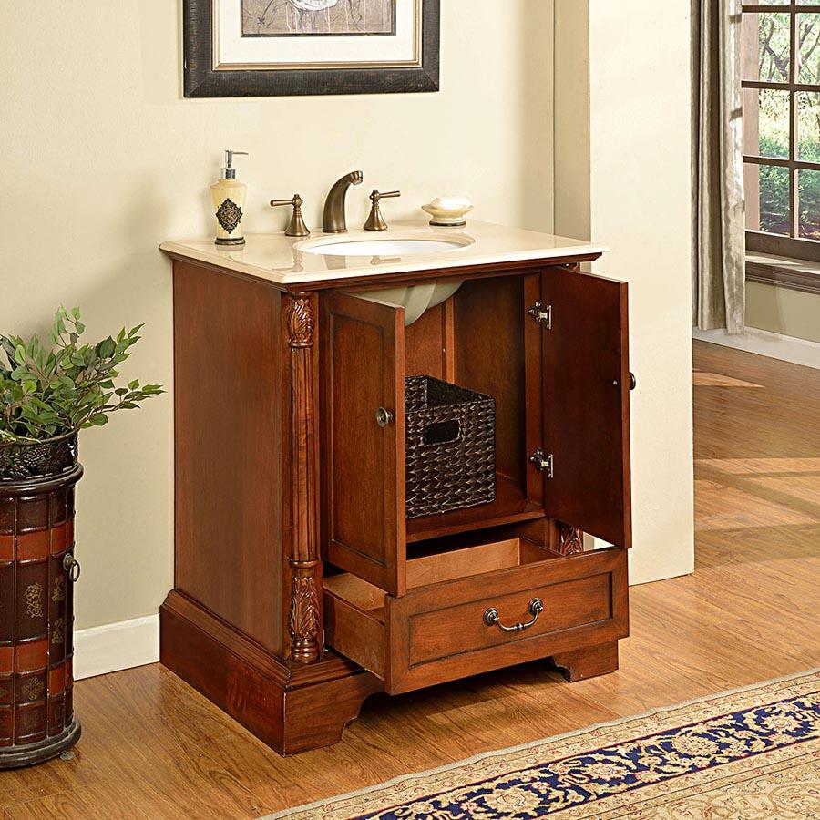 32" Single Sink Cabinet - Crema Marfil Top, Undermount White Ceramic Sink (3-hole)