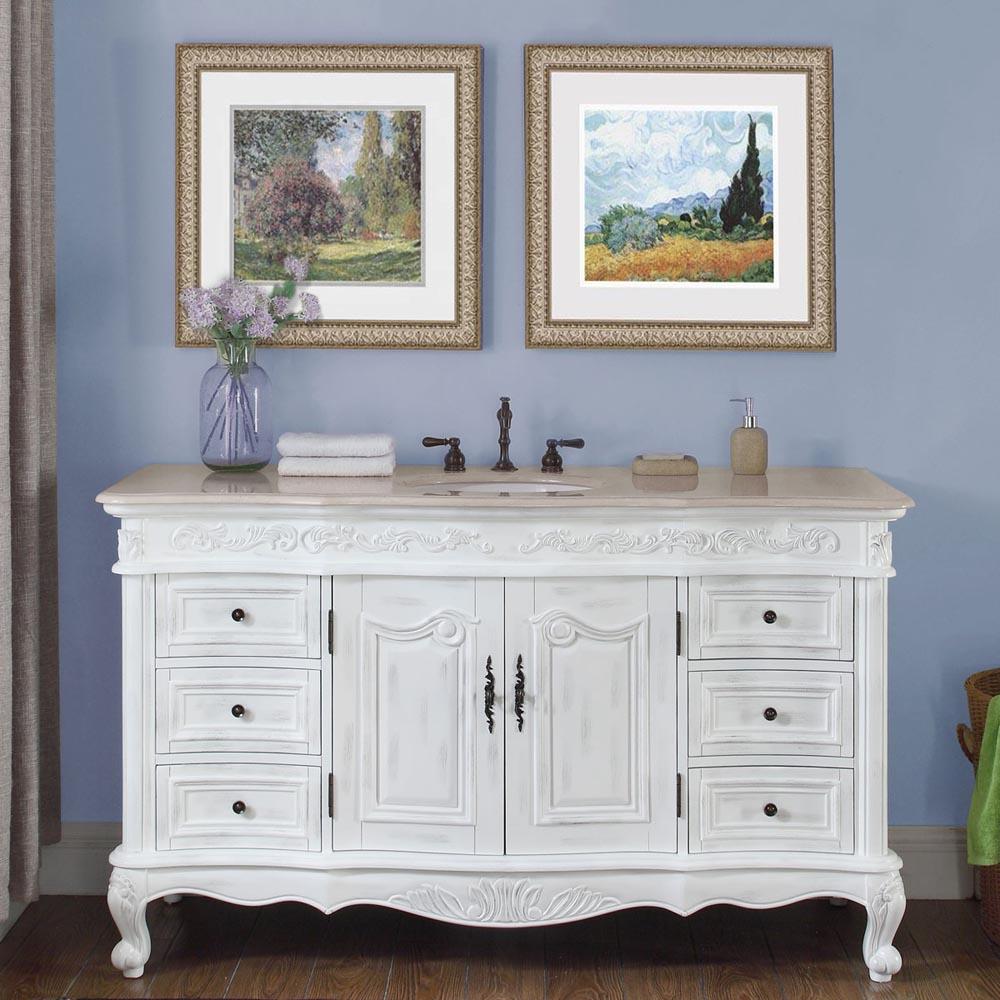 60" Single Sink Cabinet - Cream Marfil Top, Undermount White Ceramic Sink (3-hole)