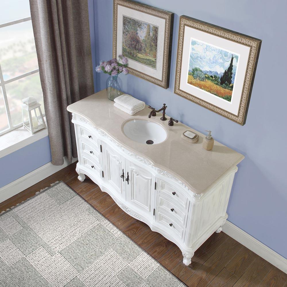 60" Single Sink Cabinet - Cream Marfil Top, Undermount White Ceramic Sink (3-hole)