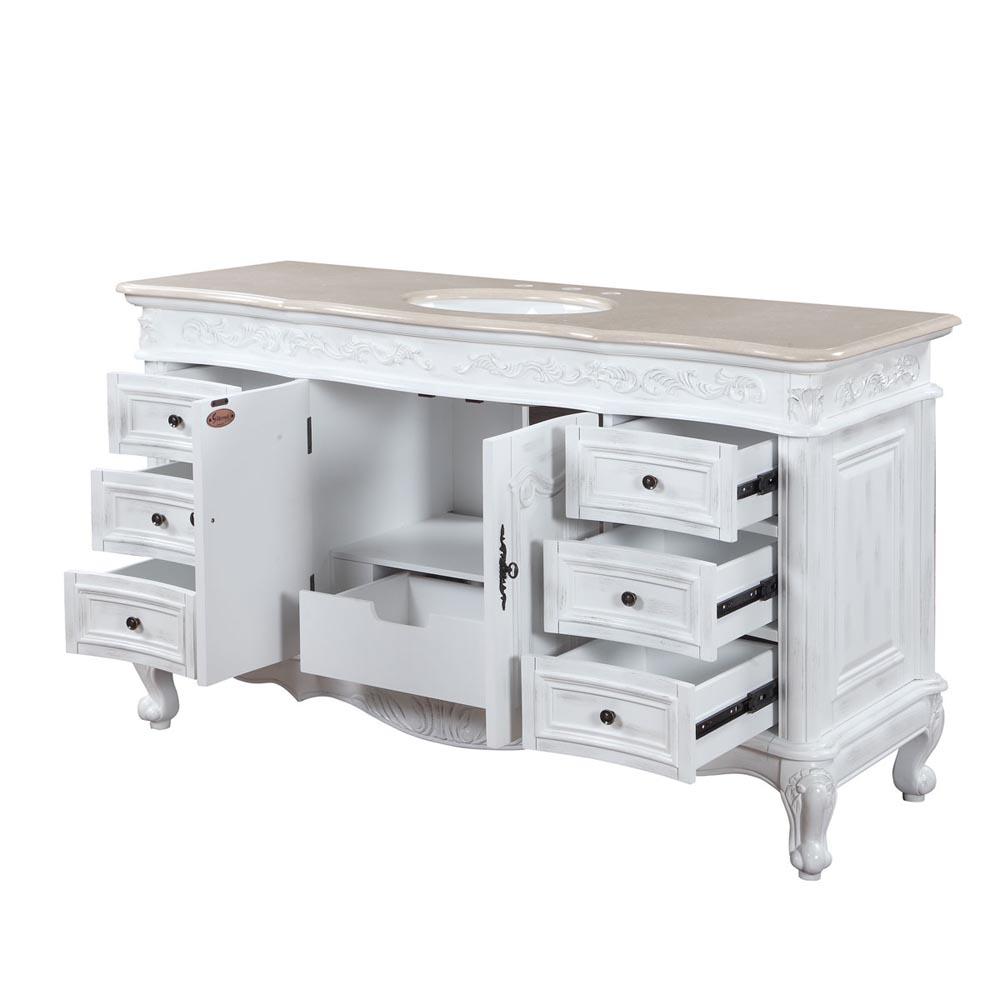 60" Single Sink Cabinet - Cream Marfil Top, Undermount White Ceramic Sink (3-hole)