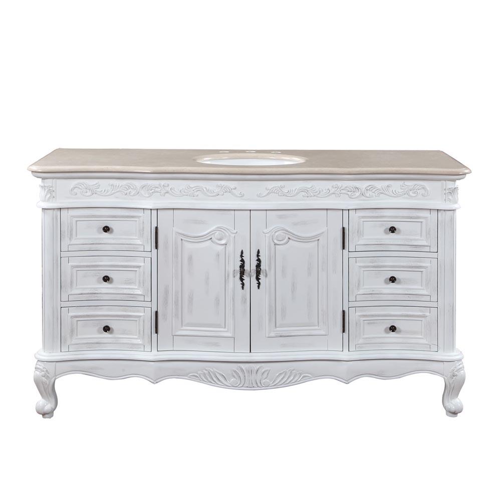 60" Single Sink Cabinet - Cream Marfil Top, Undermount White Ceramic Sink (3-hole)
